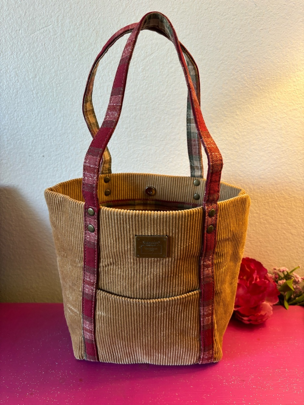 Longaberger Homestead Mini Corduroy Tote  Bag W/ Red Plaid, Excellent Condition